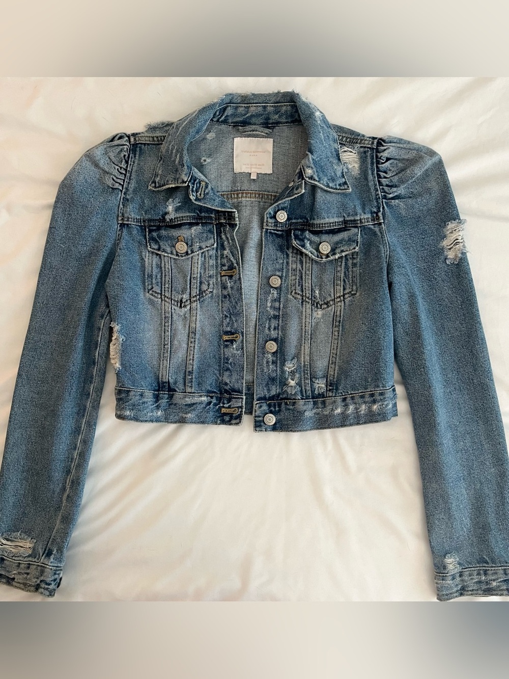 Zara Light Blue Cropped Distressed Denim Jacket